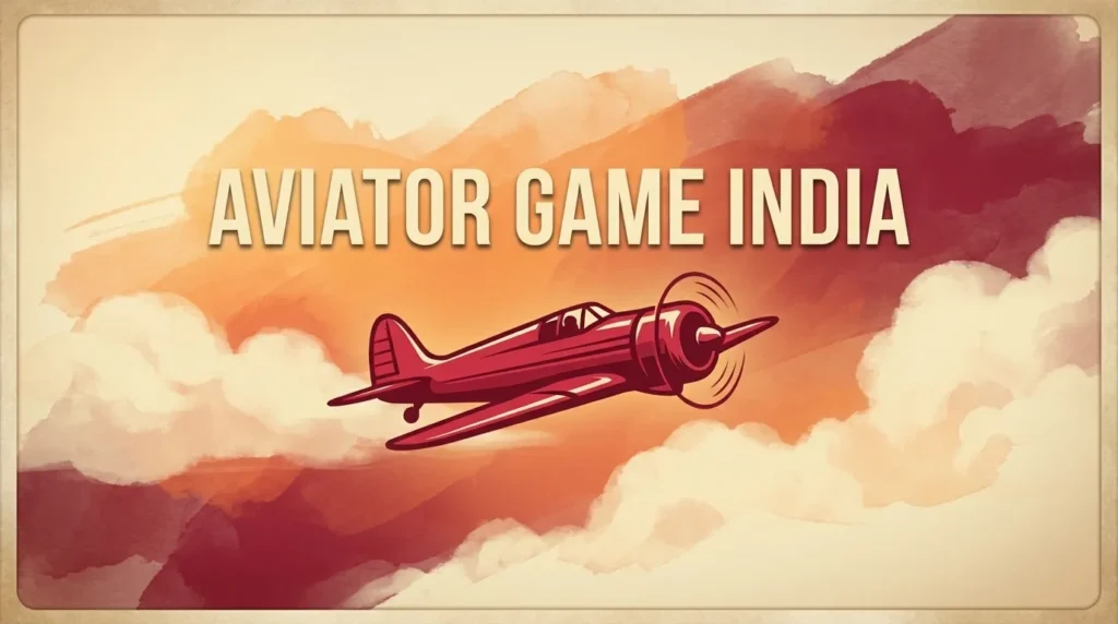 Red biplane flying with floating gold coins and multipliers 2x and 5x around it, text 'AVIATOR GAME INDIA' at the bottom