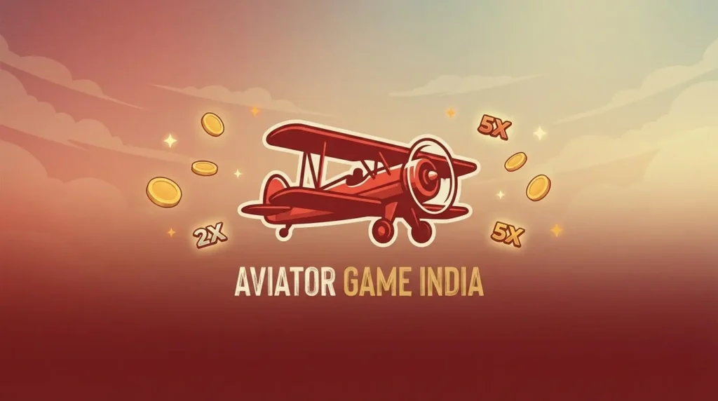 Red propeller airplane flying through orange and red clouds with large text 'AVIATOR GAME INDIA' above"